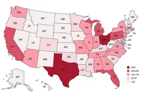 Graphic: US map showing state-level diabetes indicator. TX, CA, OH highest; ND, SD lowest.