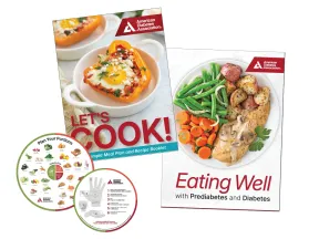 ADA materials: "Let's Cook!" cookbook, "Eating Well" guide, and two diabetes education graphics.