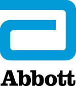 Blue Abbott corporate logo over black lettering